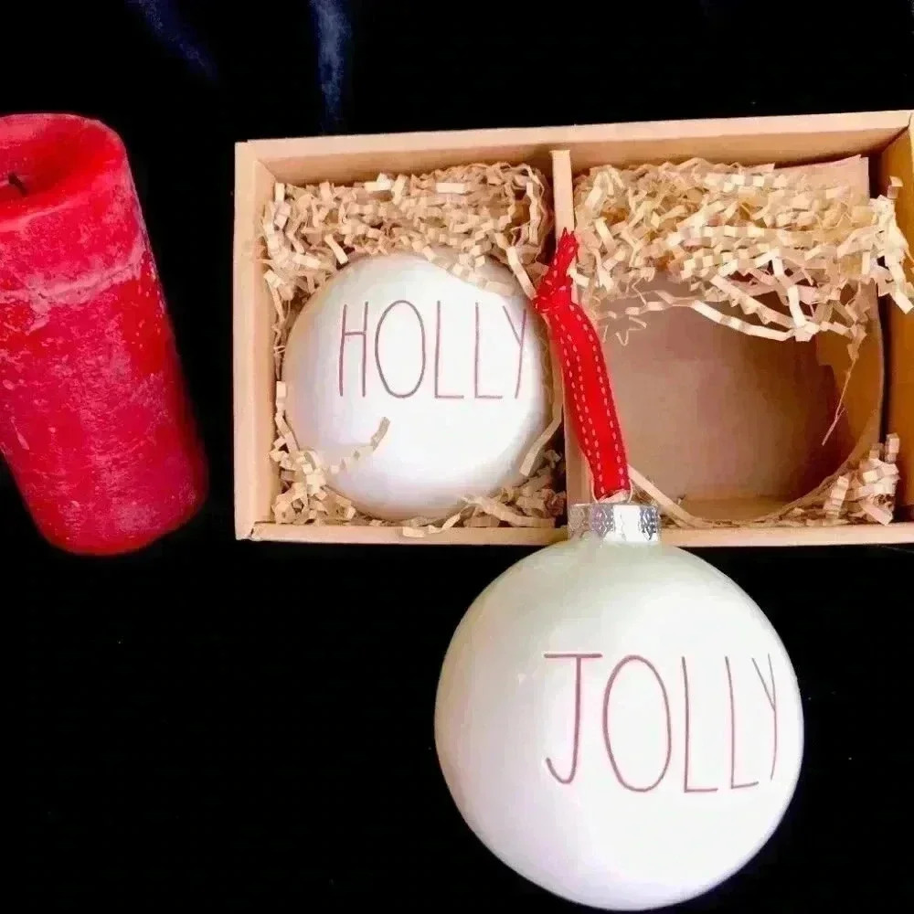 NEW SET of 2 - EXTRA LARGE HOLLY & JOLLY - Ornaments - White w/Red Letters